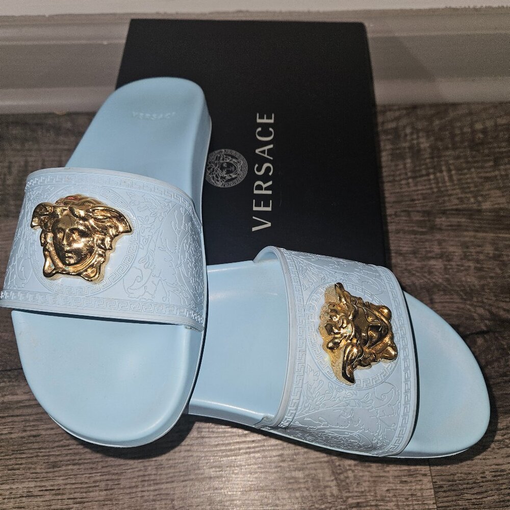 Versace Pool Slides Light Blue Size 38 *AUTHENTIC*